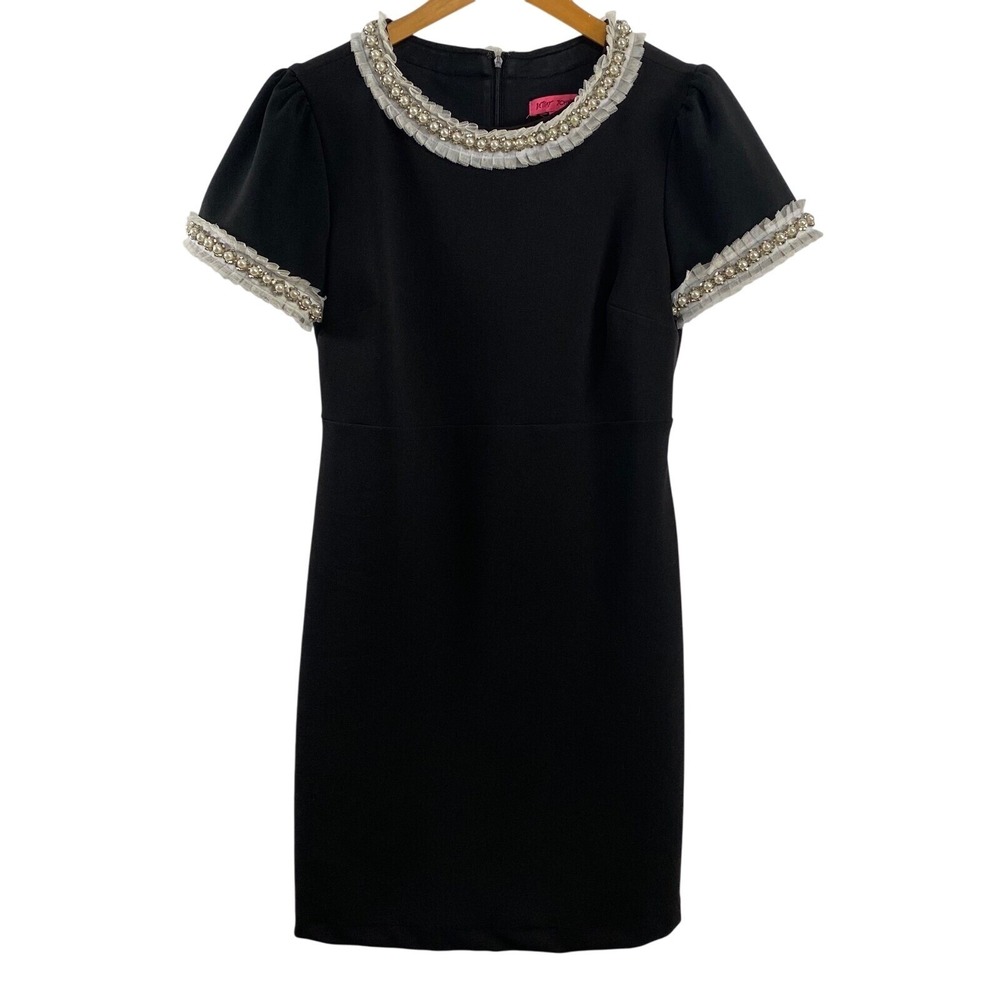 Vintage Betsey Johnson Womens Pearl Trim Scuba Crepe Dress sz 6 Black‎ Elegant
